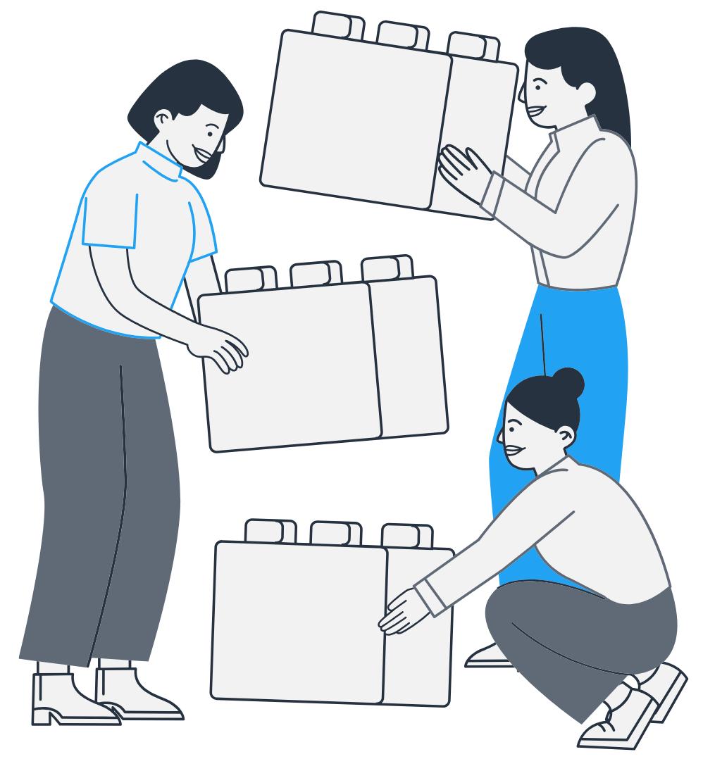 Cartoon Image of a team of people stacking large lego blocks