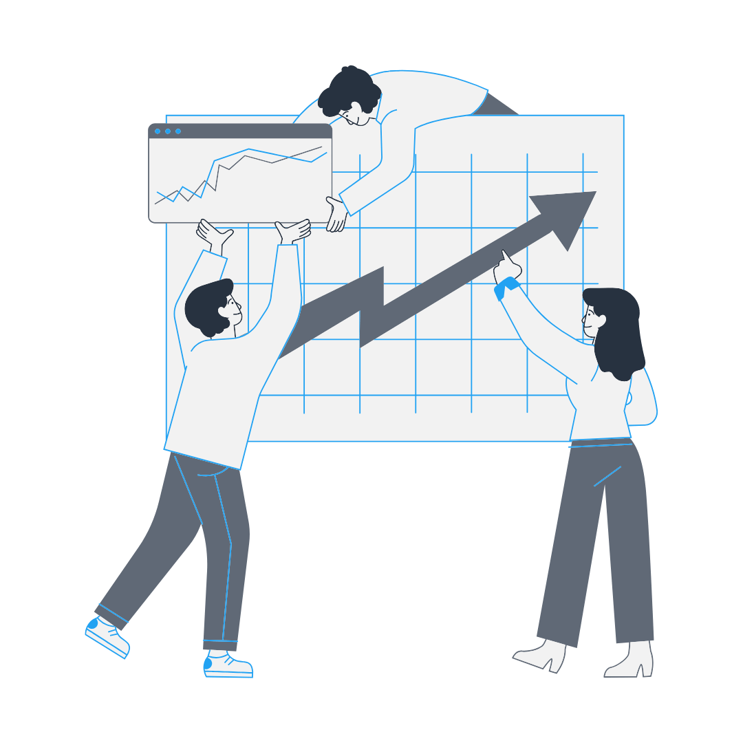 Cartoon Image of a team looking at a graph showing progress