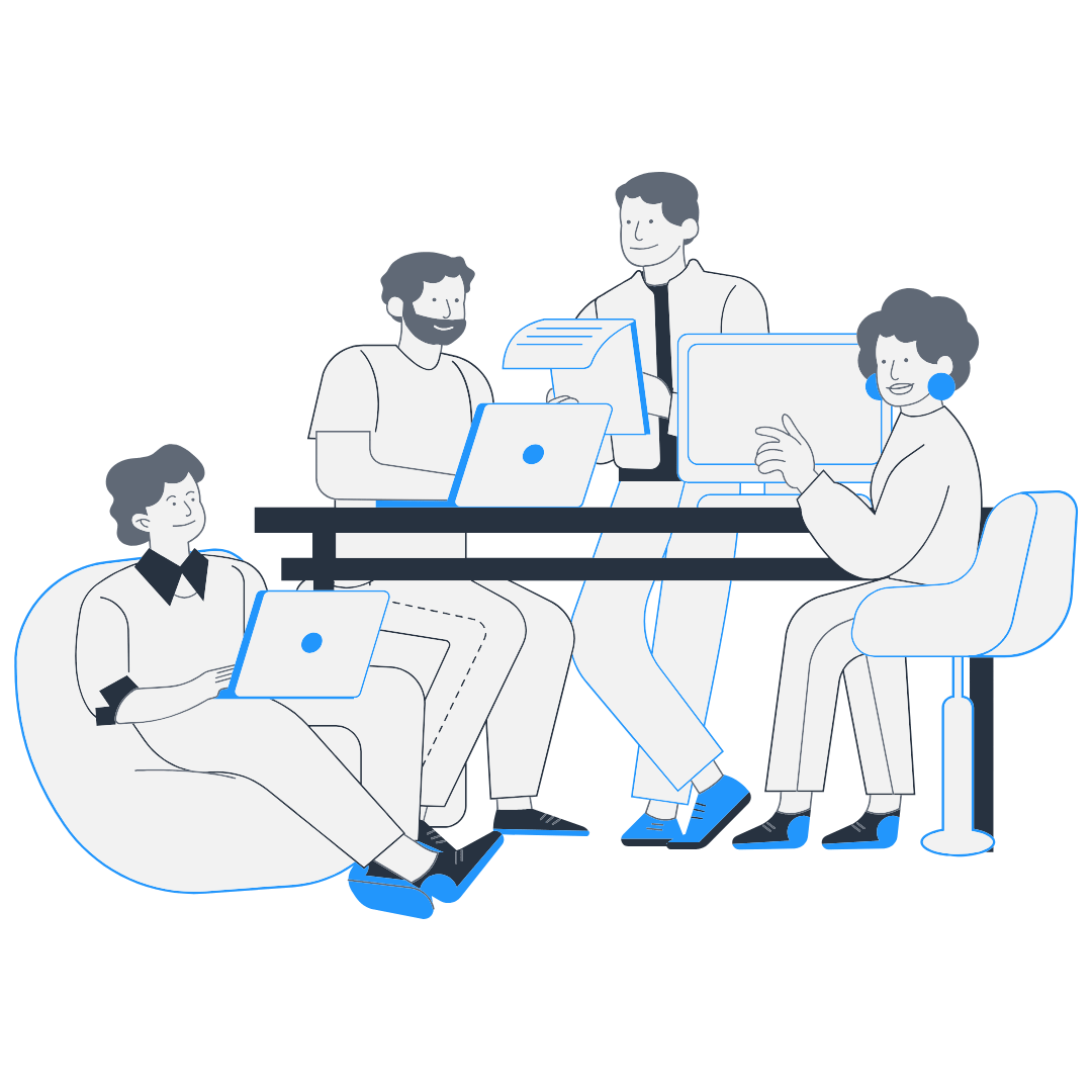 Cartoon image of a team sitting around a desk