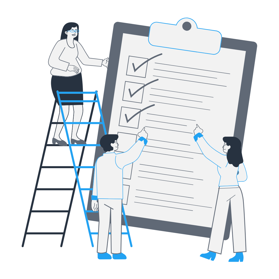 Cartoon image of a team checking items off a list CO₂ Performance Ladder, CO₂ Performance Ladder Ireland, CO₂ Performance Ladder Consultant Energy Audit, SSEA Energy Audit, SEAI SSEA