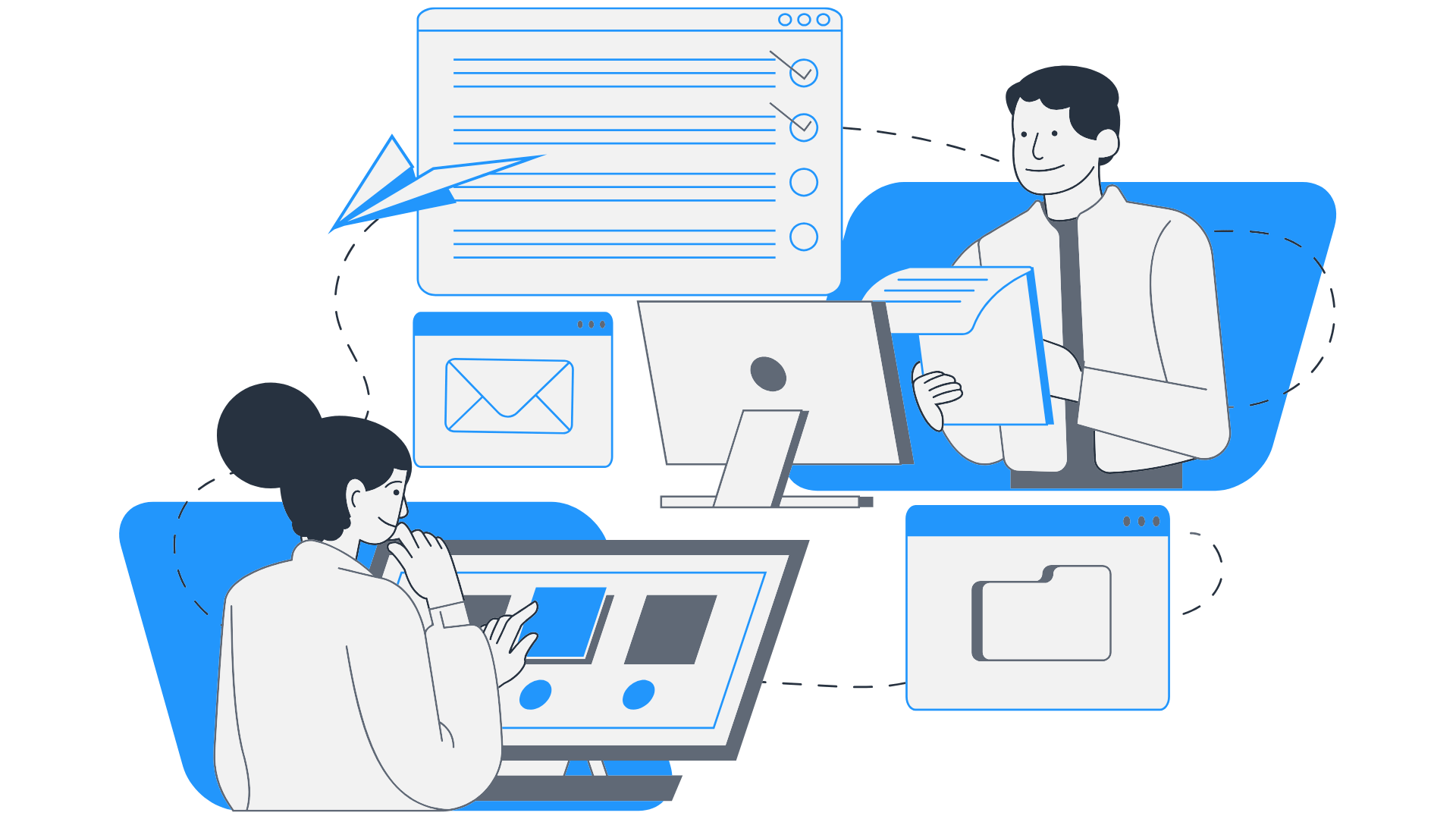 Cartoon image of 2 people communicating digitally