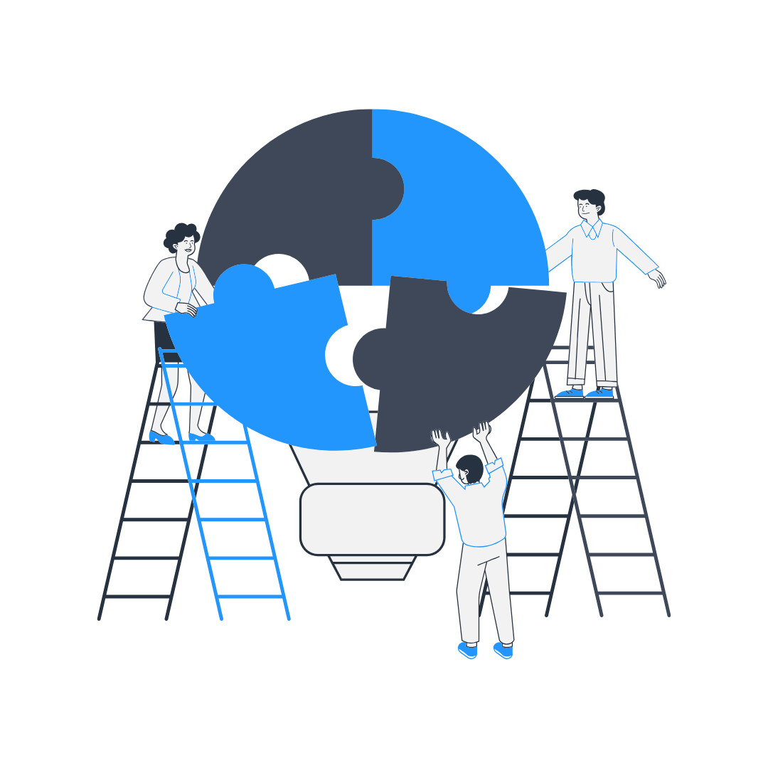 Cartoon Image of a team putting together a puzzle in the shape of a lightbulb
