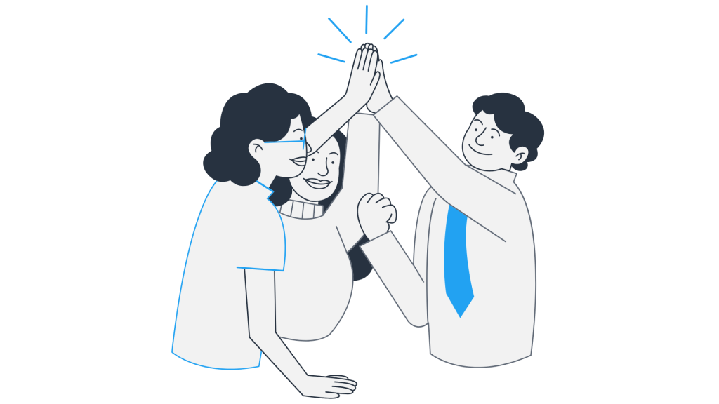 Cartoon image of a team hi-fiveing - Sustainability, ENergy Monitoring, Carbon Footprint, EPD, ISO 50001