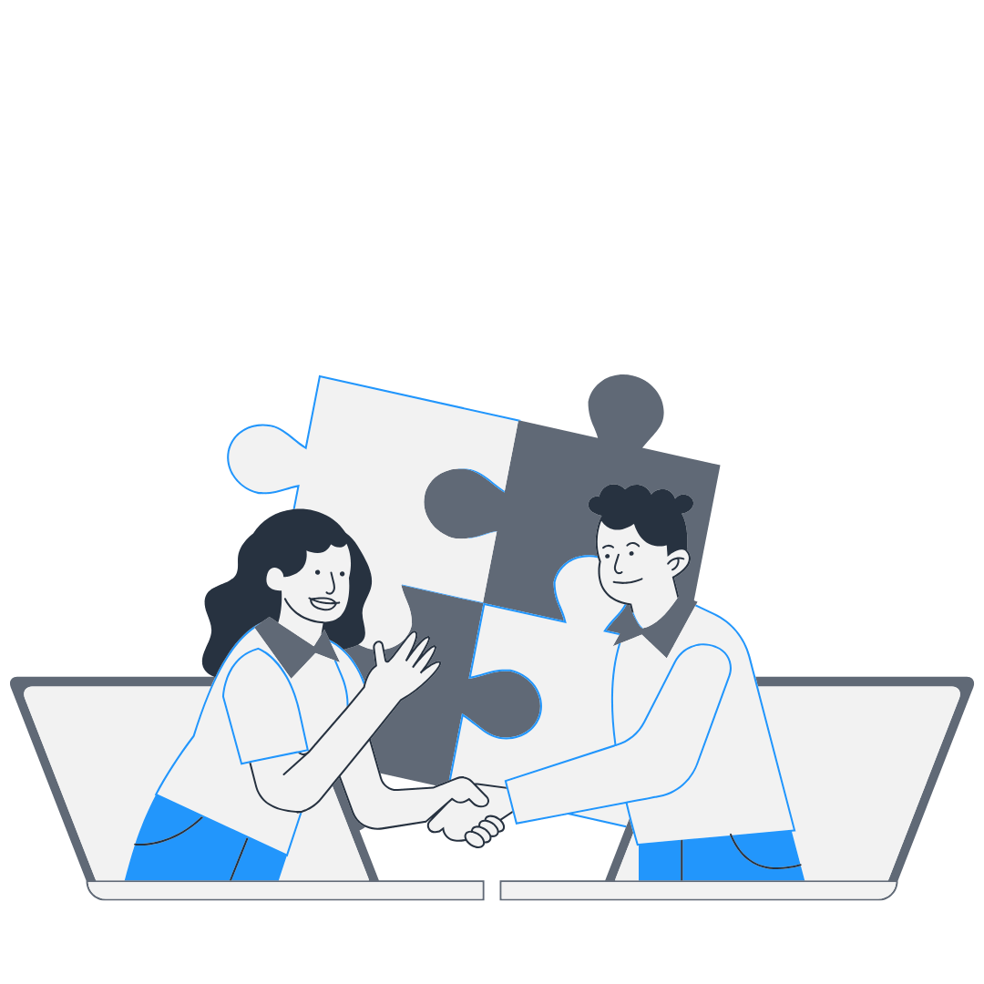 Cartoon image of a man and a woman shaking hands infront of a completed puzzle